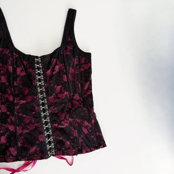 [Tripp NYC] Black Pink Y2K Floral Print Lace Hook & Eye Corset Top Size Large L - Picture 6 of 12